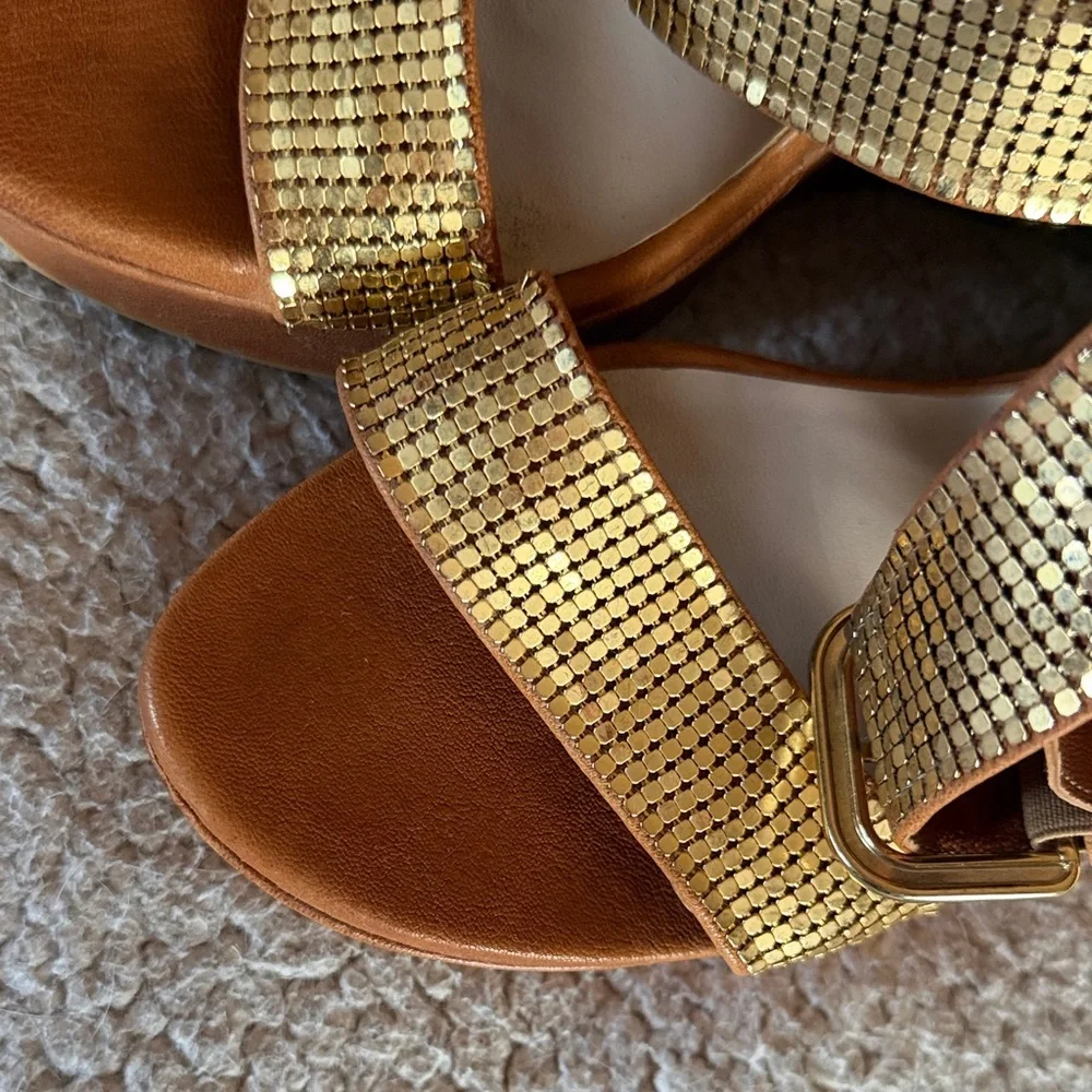 Stuart Weitzman Metallic Gold and Tan Wedges Size 10 - Picture 8 of 13